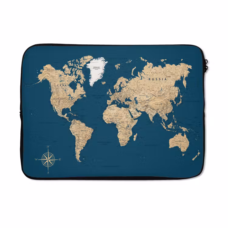 Laptophoes - Wereldkaart - Donkerblauw - Beige — 5