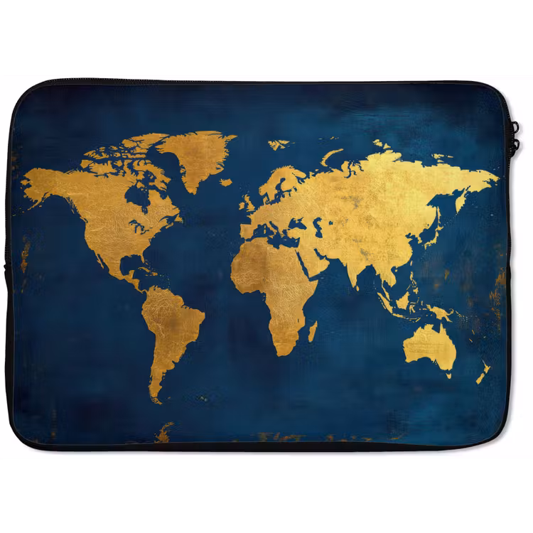 Laptophoes - Wereldkaart - Goud - Donkerblauw — 1