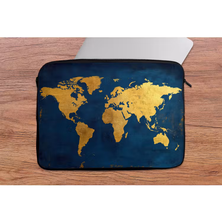 Laptophoes - Wereldkaart - Goud - Donkerblauw — 2