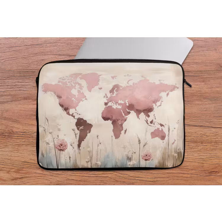 Laptophoes - Wereldkaart - Roze - Bloemen — 2