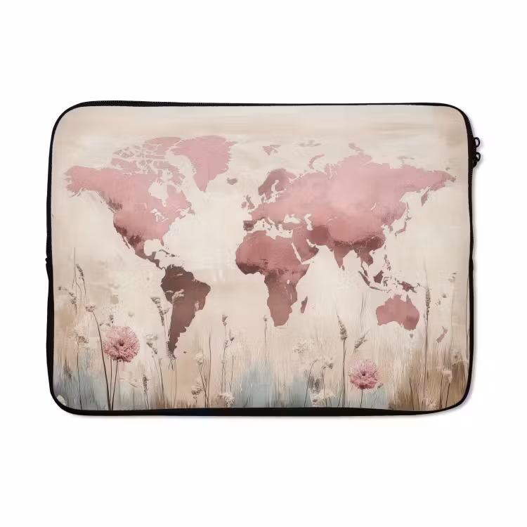 Laptophoes - Wereldkaart - Roze - Bloemen — 5