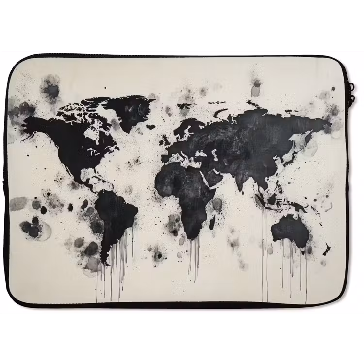 Laptophoes - Wereldkaart - Zwart - Inkt — 1