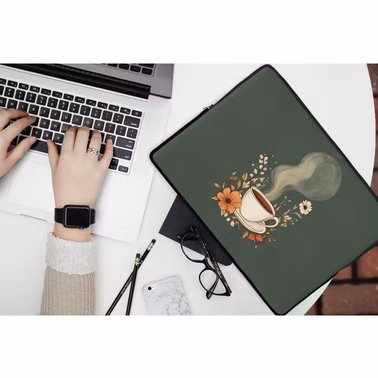 Laptophoes - Kop - Bloemen - Groen - Koffie — 3