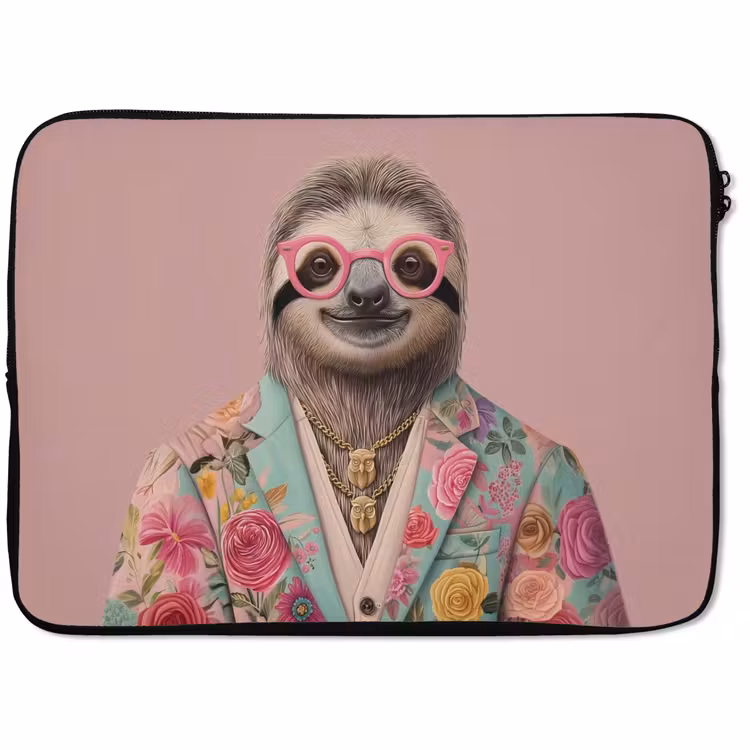 Laptophoes - Luiaard - Bloemenprint - Bril - Roze — 1