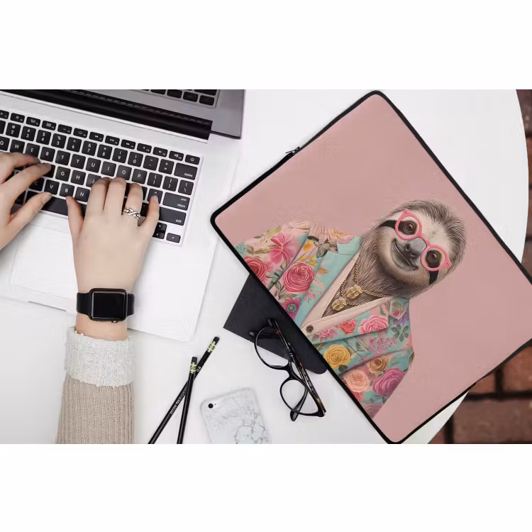 Laptophoes - Luiaard - Bloemenprint - Bril - Roze — 3