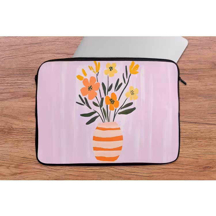 Laptophoes - Vaas - Gestreept - Bloemen - Oranje — 2