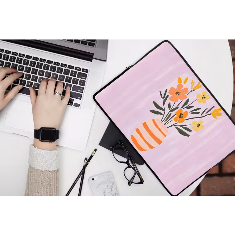 Laptophoes - Vaas - Gestreept - Bloemen - Oranje — 3