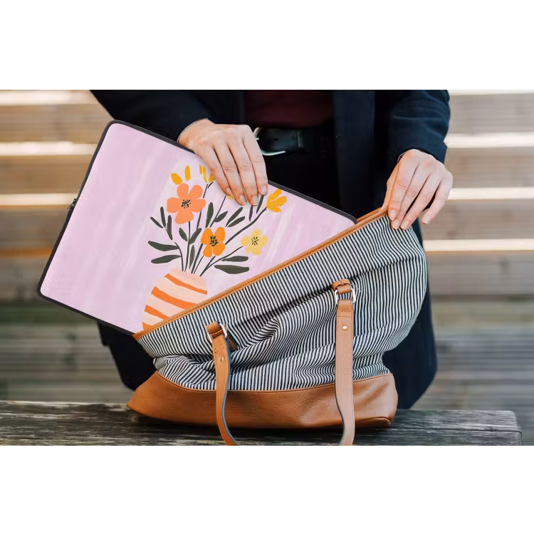 Laptophoes - Vaas - Gestreept - Bloemen - Oranje — 4