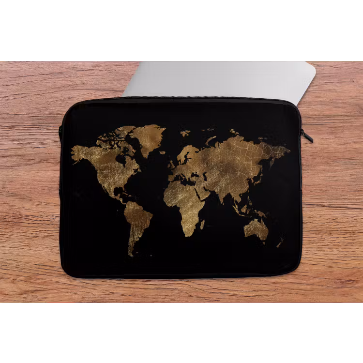 Laptophoes - Wereldkaart - Goud - Luxe - Aarde - Zwart — 1