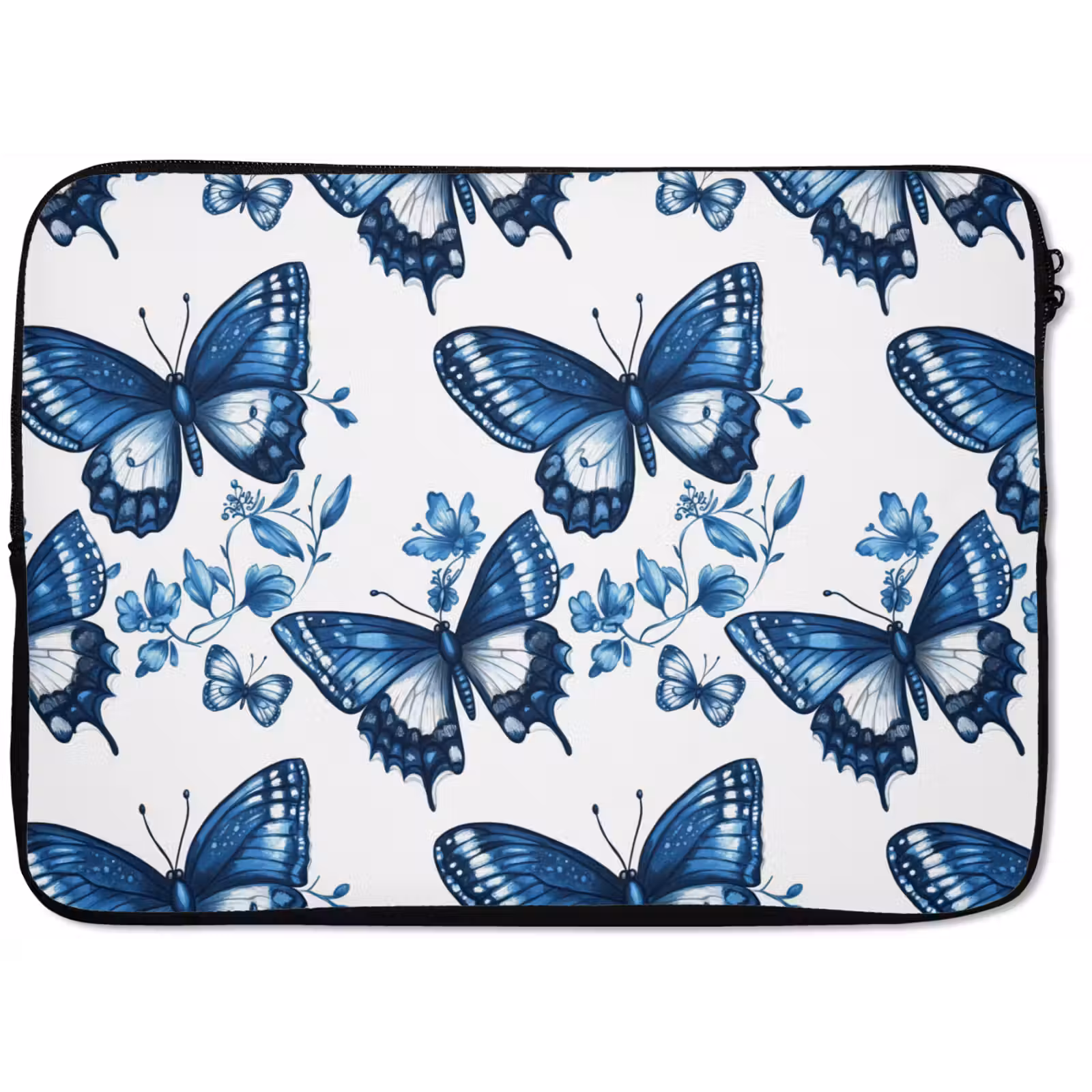 Laptophoes - Blauw - Vlinders - Bloemen - Wit — 1