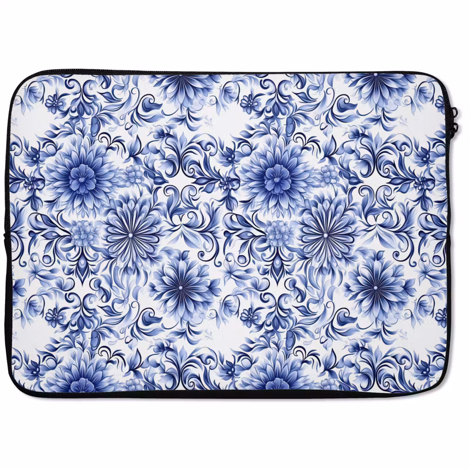 Laptophoes - Bloemen - Blauw - Patroon - Wit — 1