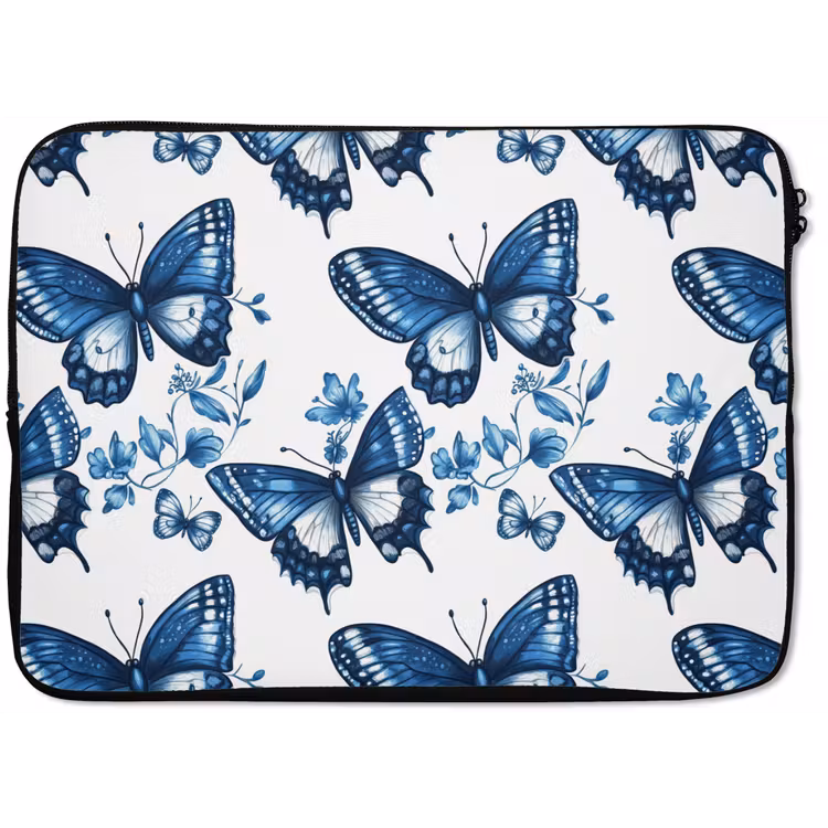 Laptophoes - Blauw - Vlinders - Bloemen - Wit — 1