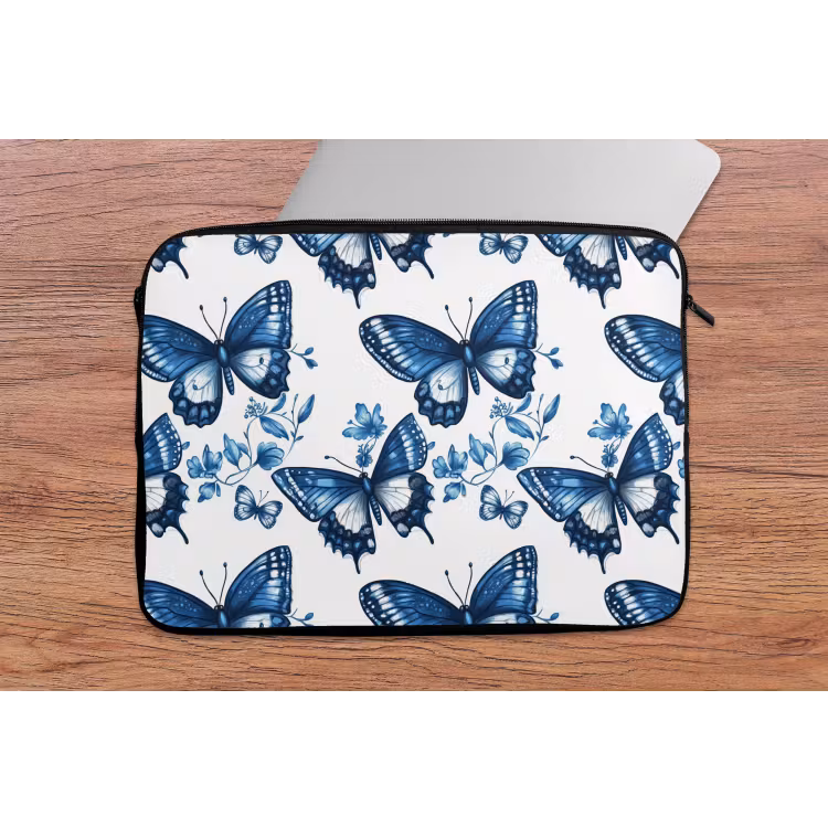 Laptophoes - Blauw - Vlinders - Bloemen - Wit — 2