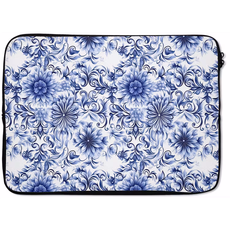 Laptophoes - Bloemen - Blauw - Patroon - Wit — 1