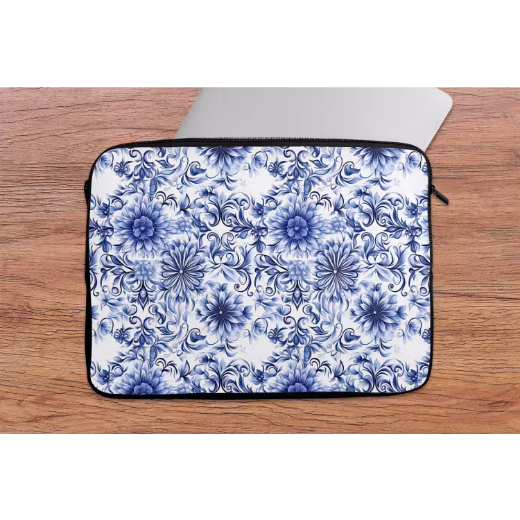 Laptophoes - Bloemen - Blauw - Patroon - Wit — 2