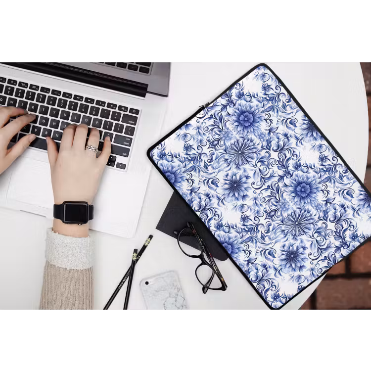 Laptophoes - Bloemen - Blauw - Patroon - Wit — 3