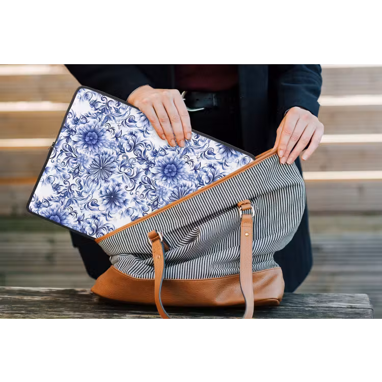 Laptophoes - Bloemen - Blauw - Patroon - Wit — 4