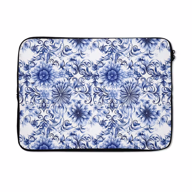 Laptophoes - Bloemen - Blauw - Patroon - Wit — 5