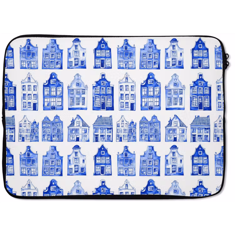 Laptophoes - Patroon - Huizen - Blauw — 1