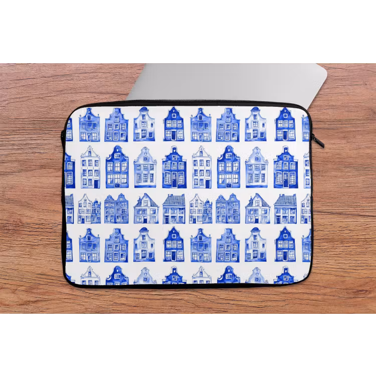 Laptophoes - Patroon - Huizen - Blauw — 2