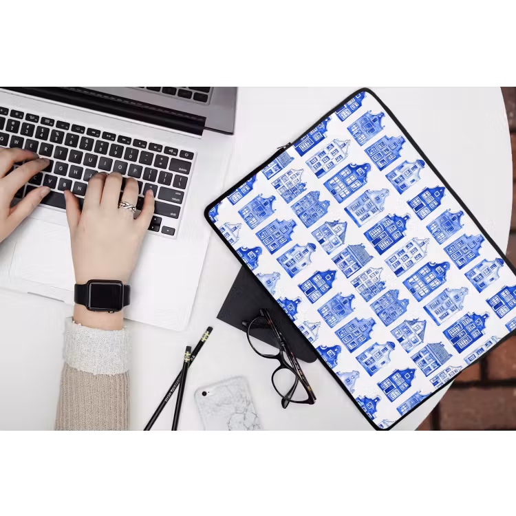 Laptophoes - Patroon - Huizen - Blauw — 3