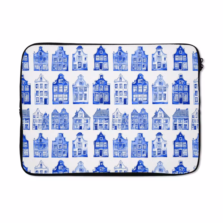 Laptophoes - Patroon - Huizen - Blauw — 5