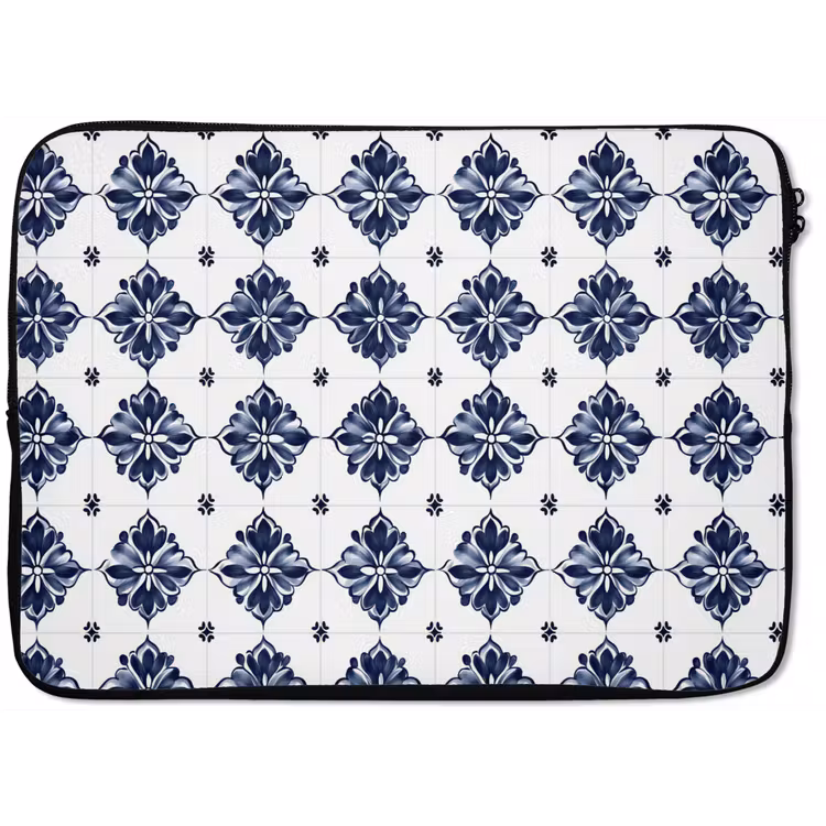 Laptophoes - Tegelmotief - Blauw - Wit - Bloem — 1
