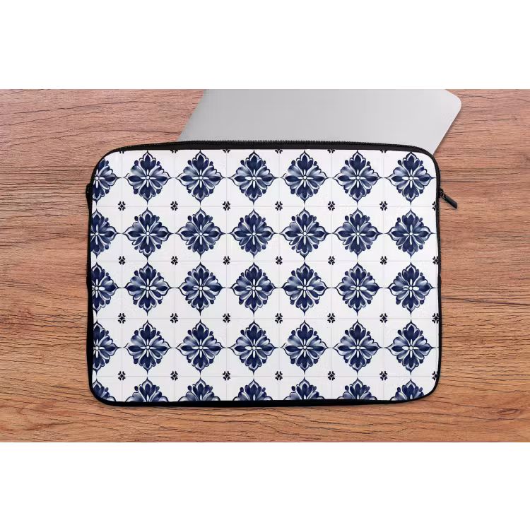 Laptophoes - Tegelmotief - Blauw - Wit - Bloem — 2