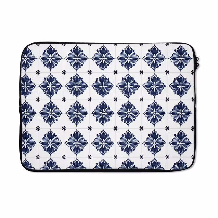 Laptophoes - Tegelmotief - Blauw - Wit - Bloem — 5
