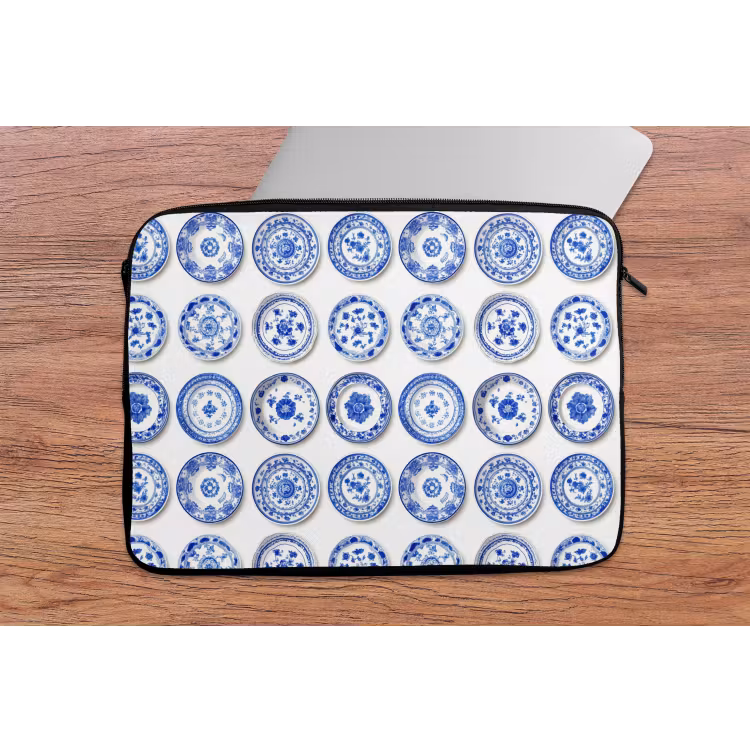 Laptophoes - Borden - Bloemen - Patroon - Blauw — 2