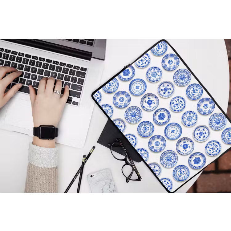 Laptophoes - Borden - Bloemen - Patroon - Blauw — 3