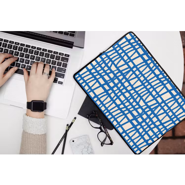 Laptophoes - Ruitpatroon - Blauw - Crème — 3