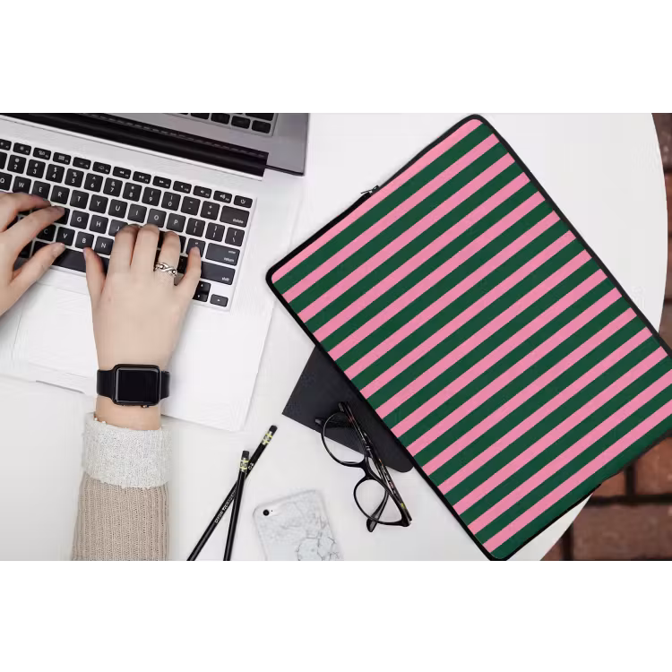 Laptophoes - Verticale strepen - Groen - Roze — 3