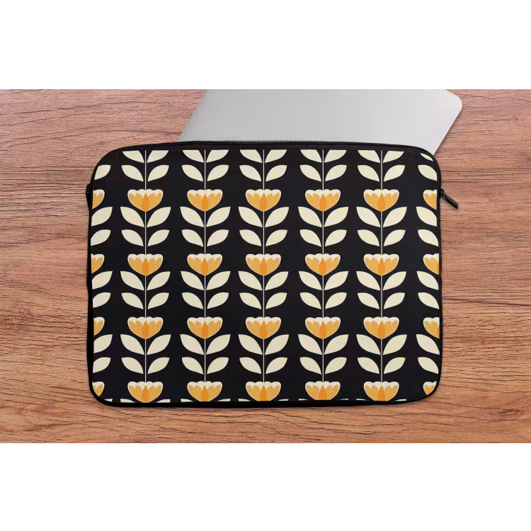 Laptophoes - Retro - Bloem - Zwart - Okergeel — 2