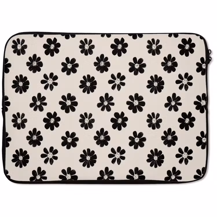 Laptophoes - Grafisch - Madeliefjes - Zwart - Beige — 1