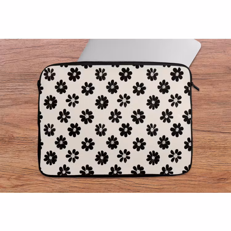 Laptophoes - Grafisch - Madeliefjes - Zwart - Beige — 2