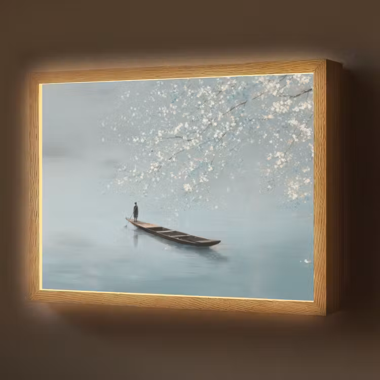 Lightbox - Wandlamp - Bloesems - Minimalistisch - Wateroppervlak - Boot — 1