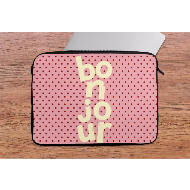 Laptophoes - Bonjour - Stippen - Roze- Geel — 2