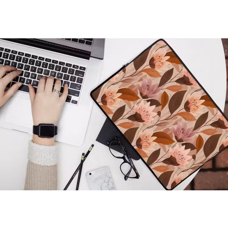 Laptophoes - Bloemen - Bladeren - Bruin — 3