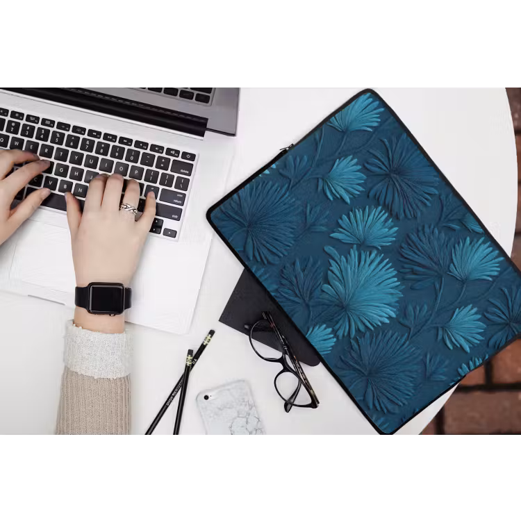 Laptophoes - Bladeren - Reliëf - Patroon - Oceaanblauw - Modern — 3