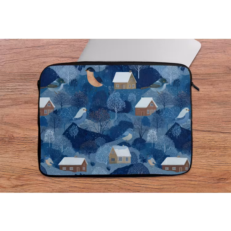 Laptophoes - Huisjes - Vogels - Sneeuw - Winter - Blauw — 2