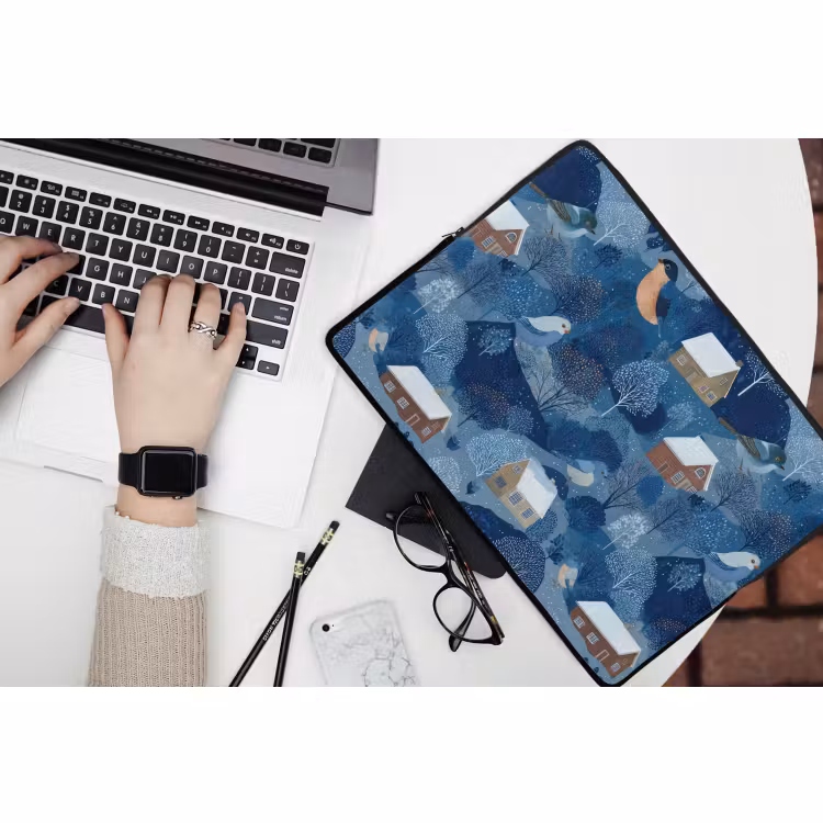 Laptophoes - Huisjes - Vogels - Sneeuw - Winter - Blauw — 3