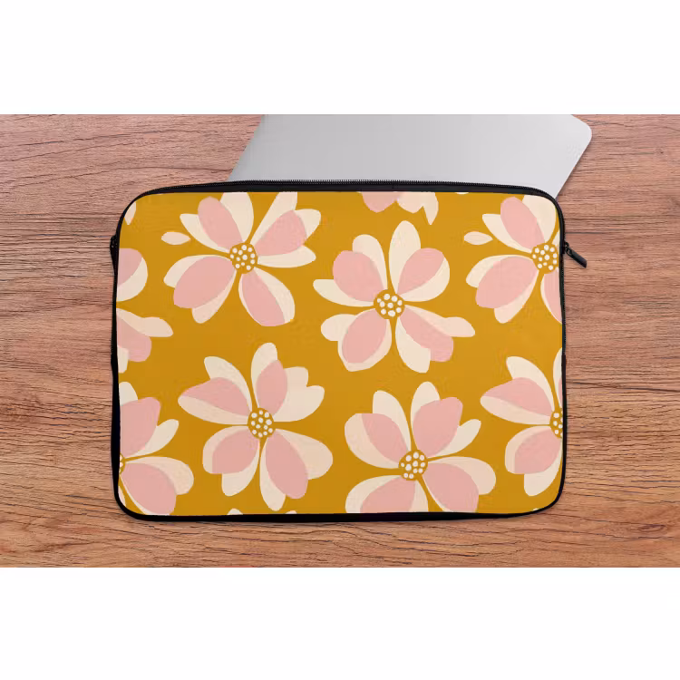 Laptophoes - Vintage - Bloemen - Okergeel — 2