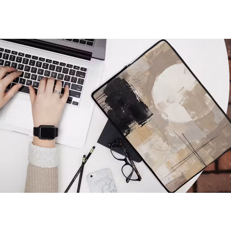 Laptophoes - Abstract - Cirkel - Modern - Beige - Zwart - Minimalistisch — 3
