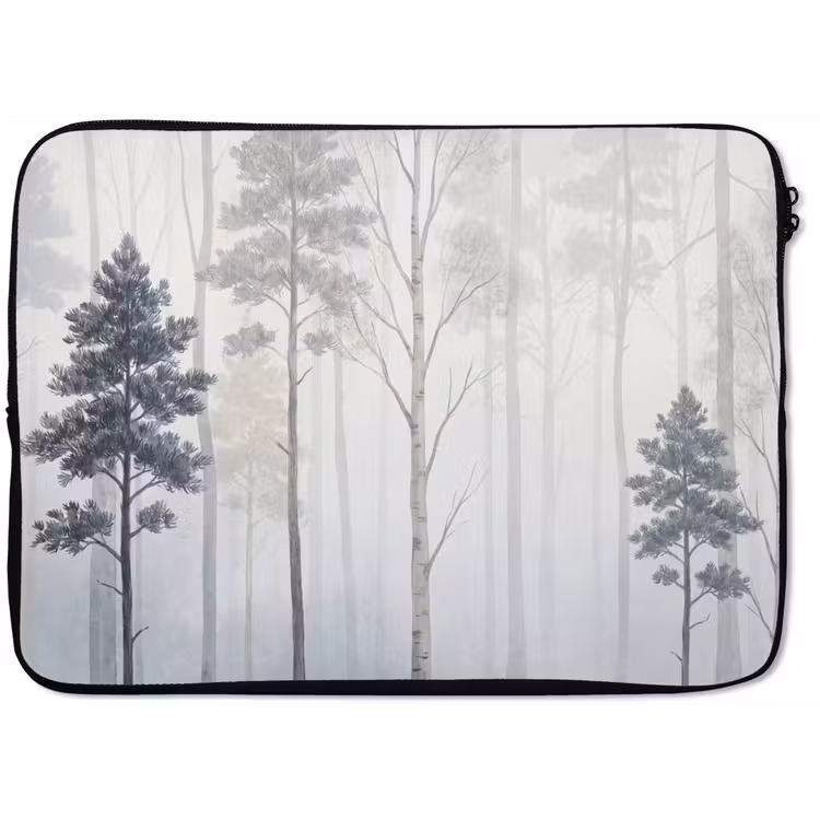 Laptophoes - Bos - Bomen - Mist - Natuur - Illustratie - Grijs — 1