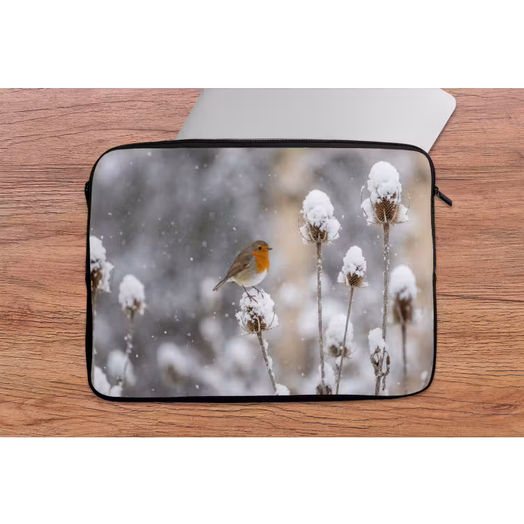 Laptophoes - Roodborstje - Gedroogde bloem - Sneeuw - Winter - Vertederend — 2