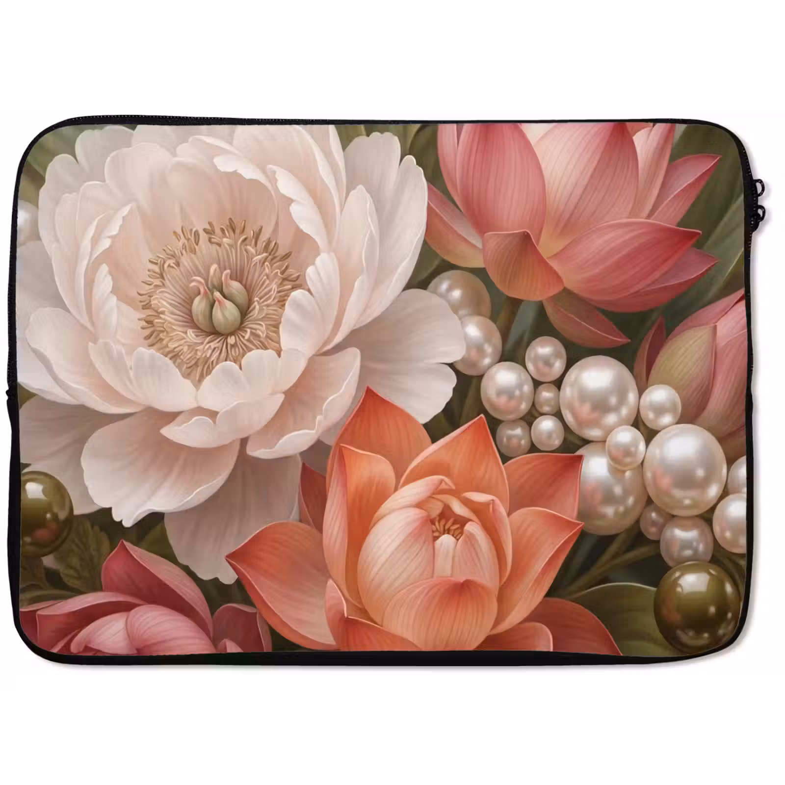 Laptophoes - Bloemen - Parels - Elegant - Roze - Wit — 1