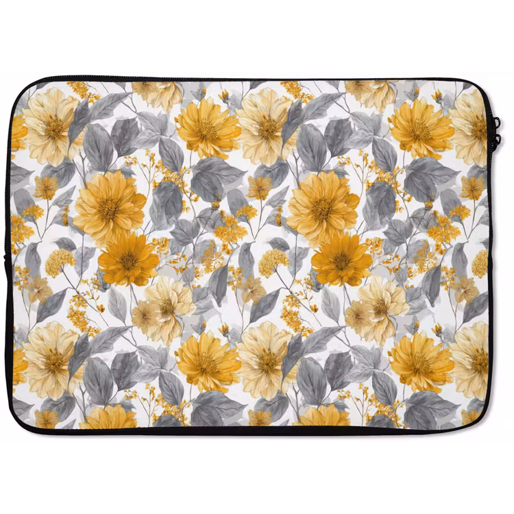Laptophoes - Bloemen - Botanisch - Elegant - Okergeel - Grijs — 1