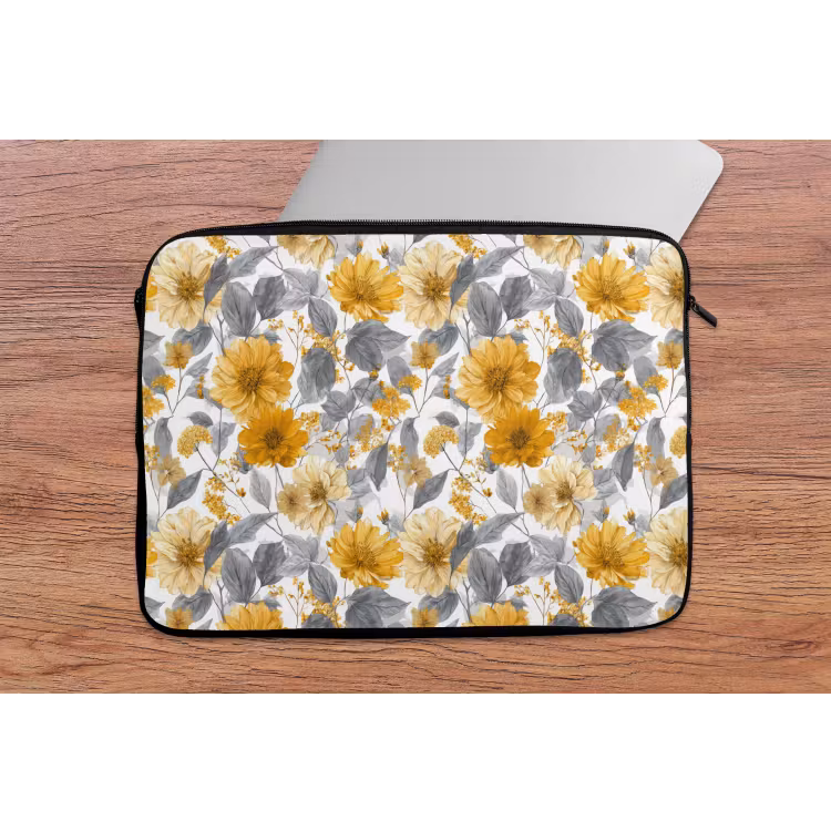 Laptophoes - Bloemen - Botanisch - Elegant - Okergeel - Grijs — 2