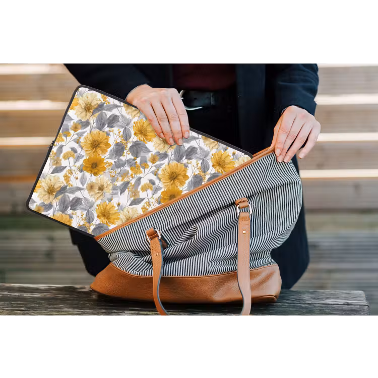 Laptophoes - Bloemen - Botanisch - Elegant - Okergeel - Grijs — 4
